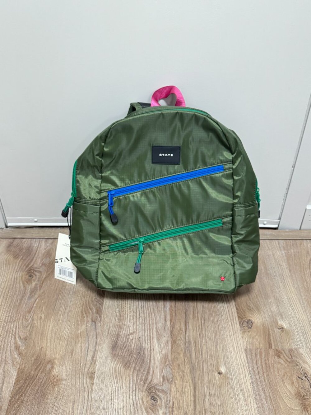 STATE Ripstop Kane Kids Double Pocket Backpack Olive Green Diagonal Zipper